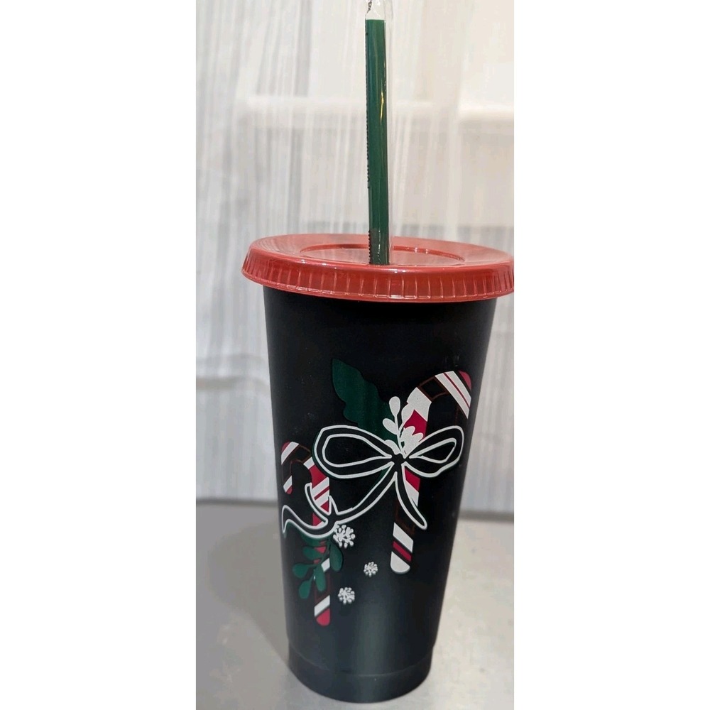 Starbucks‎ Reusable 2020 Holiday/Christmas Cold Cup Lid & Straw Candy Canes/Bows